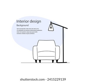 Interior design home outline composition of armchair and floor lamp with light blue space at the background and text. Editable vector illustration