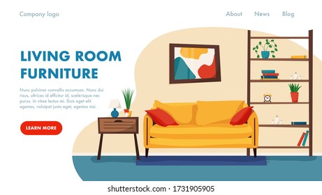 Interior design horizontal landing page. Flat vector illustration of living room. Colorful furniture interior room, cozy space.