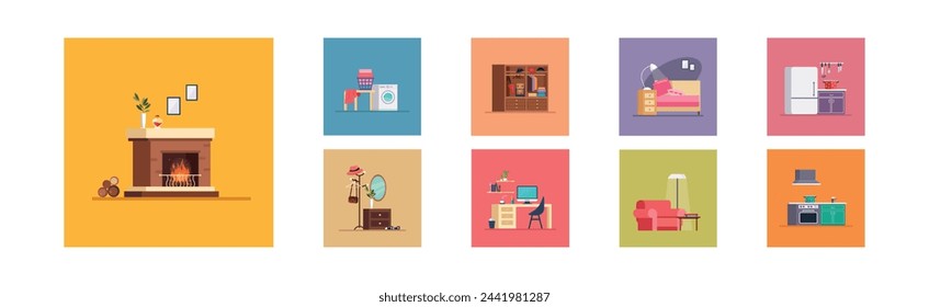 Interior Design House Room Furniture Item Vector Set