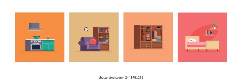 Interior Design House Room Furniture Item Vector Set