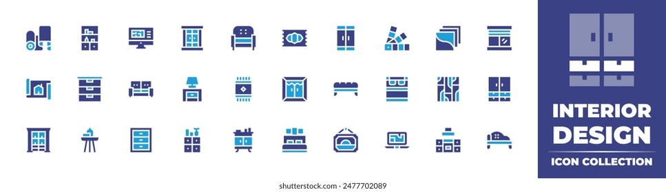 Icono de diseño interior colección. Color duotono. Ilustración vectorial. Conteniendo planeamiento, cajones, cajón, alfombra, sofá, muebles, mesa, mesita de noche, armario.