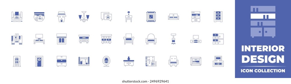 Interior design icon collection. Duotone style line stroke and bold. Vector illustration. Containing window, floor, chat, drawers, aquarium, tablelamp, tvtable, ceilinglight, furniture, cabinet.