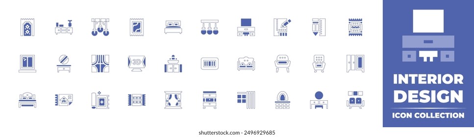 Interior design icon collection. Duotone style line stroke and bold. Vector illustration. Containing 3d, document, mat, curtain, window, carpet, dressingtable, cupboard, rug, doublebed, sink.