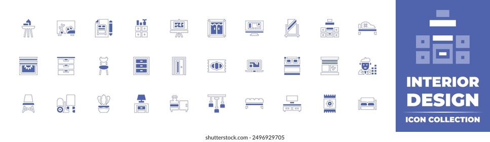 Interior design icon collection. Duotone style line stroke and bold. Vector illustration. Containing chair, door, fabric, drawer, blinds, chestofdrawers, cabinet, bedsidetable, plant.