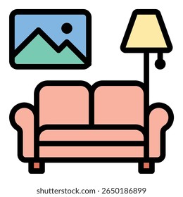 Interior design icon flat line style illustration representing space planning and aesthetic enhancement, suitable for home decor, architectural projects, and creative design presentations
