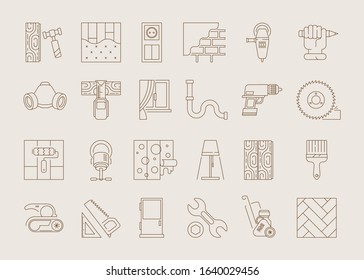 Interior design icon. Flooring installing curtain swatches lighting items measuring window vector decor set