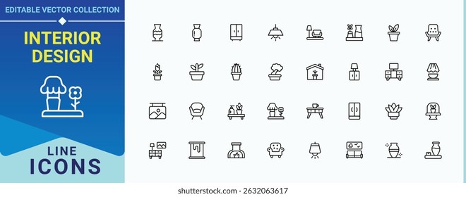 Interior Design icon set. Containing home, indoor, interior, office, living, apartment, decoration and more. Home Decor line icon set. Isolated icons. Vector artwork and illustration.
