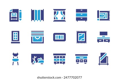 Interior design icon set. Duotone color. Vector illustration. Containing screen, interiordesign, mat, blinds, nightstand, window, drawers, terrarium, chair, cabinet.