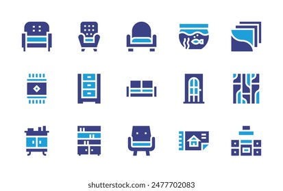 Interior design icon set. Duotone color. Vector illustration. Containing sofa, document, armchair, rug, bookcase, aquarium, chestofdrawers, wardrobe, door.
