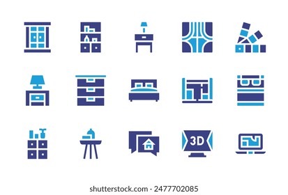 Interior design icon set. Duotone color. Vector illustration. Containing paint, bed, d, bedsidetable, blueprint, drawer, curtain, project, chat, table, doublebed, storage.