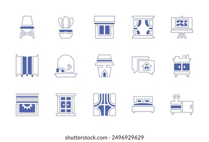 Conjunto de iconos de diseño de interiores. Estilo duotono trazo de línea y negrita. Ilustración vectorial. Que contiene ventana, cama, pantalla, silla, cortina, chat, persianas, lámpara de mesa, espejo, planta.