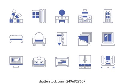 Interior design icon set. Duotone style line stroke and bold. Vector illustration. Containing window, paint, closet, pencil, interiordesign, sofa, swatches, armchair, frame, dressingtable, kitchen, be