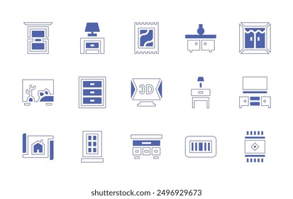 Interior design icon set. Duotone style line stroke and bold. Vector illustration. Containing planning, 3d, bedsidetable, mat, chestofdrawers, drawers, window, terrarium, carpet.