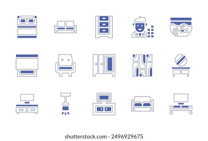 Interior design icon set. Duotone style line stroke and bold. Vector illustration. Containing floor, sofa, armchair, interiordesign, blind, chestofdrawers, lamp, wardrobe, doublebed, tvtable.