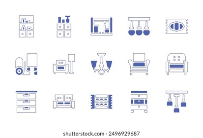 Interior design icon set. Duotone style line stroke and bold. Vector illustration. Containing livingroom, chestofdrawers, fabric, blueprint, drawer, sofa, carpet, ceilinglight, storage.