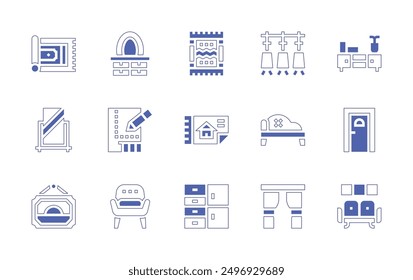 Interior design icon set. Duotone style line stroke and bold. Vector illustration. Containing document, drawers, drawing, curtains, sofa, picture, mirror, lamp, carpet, dresser, armchair.