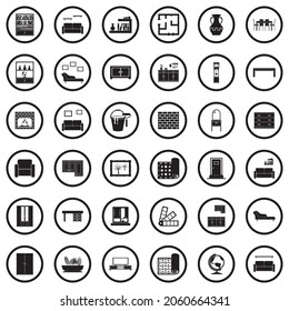 Interior Design Icons. Black Flat Design In Circle. Vector Illustration.