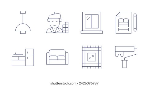 Interior design icons. Editable stroke. Containing lamp, window, interiordesign, kitchen, rug, sofa, paint.