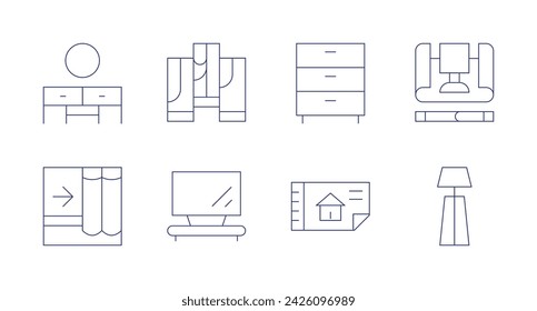 Interior design icons. Editable stroke. Containing dressingtable, floor, curtain, nightstand, document, tvtable, furniture, floorlamp.