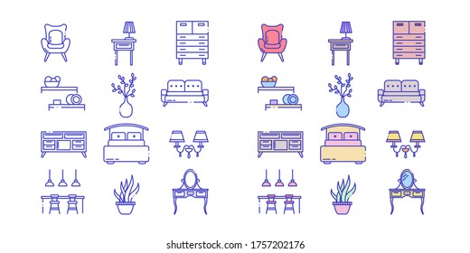 Interior design icons set. Included icons in the form of an armchair, nightstand, chest of drawers, shelf, flower, sofa, bed, sconces, bar, mirror