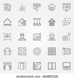 Interior Design Icons Set. Vector Architecture Symbols For Design Company Signs Or Design Elements In Thin Line Style