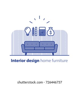 Interior design idea, sofa icon, renovation cost calculation, order furniture, project budget, vector flat illustration