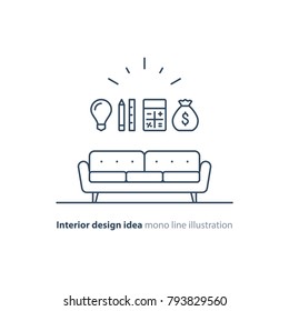 Interior design idea, sofa icon, renovation cost calculation, order furniture, project budget, vector flat illustration