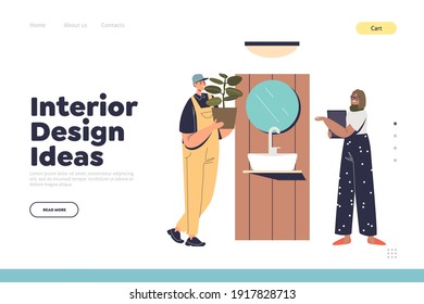 Interior design ideas concept of landing page with worker and designer in modern bathroom. Apartment decoration, repair and renovation services. Cartoon flat vector illustration