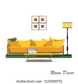 Interior design illustration. Modern yellow living room trendy style. Home house decoration. Furniture lounge. Sofa pillow cushion table coffee lamp books magazines pictures. Pastel colors Flat vector