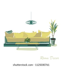 Interior design illustration. Modern yellow living room trendy style. Home house decoration. Furniture lounge. Sofa pillow cushion table coffee lamp chandelier plant vase. Pastel colors Flat vector