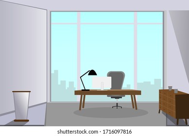 Interior design illustration of an office with a desk, chair, bookshelf, flower pot