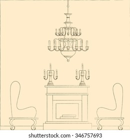 Interior design illustration with place for your text made in hand drawn style. Vector template for business card and banner