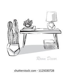 Interior design illustration sketch flat. Modern elements living room trendy style. Home house decoration. Table coffee books magazines lamp plant cactus vase. Drawing vector hand drawn lines art
