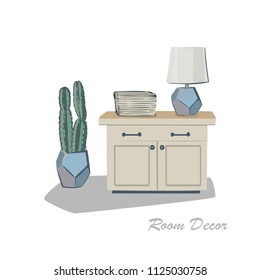 Interior design illustration sketch flat. Modern elements living room trendy style. Home house decoration. Table kitchen books magazines lamp plant cactus vase. Drawing vector hand drawn pastel colors