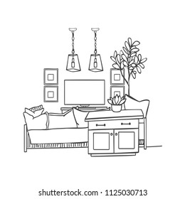 Interior design illustration sketch. Modern white living room trendy style. Home house decoration. Furniture lounge hand drawn. Sofa cushion table kitchen cupboard TV unit  pictures chandelier