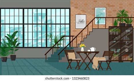 Interior design of an industrial coffee. Vector flat illustration.