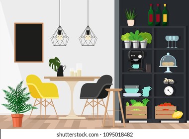 Interior design of an industrial kitchen. Vector flat illustration.