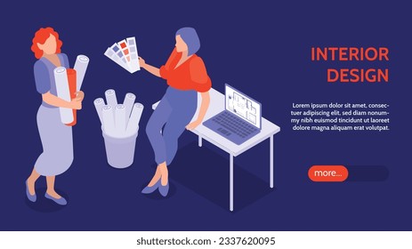 Interior design isometric horizontal banner with female designers working in office vector illustration