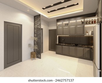 interior design of the kitchen with a black kitchen set