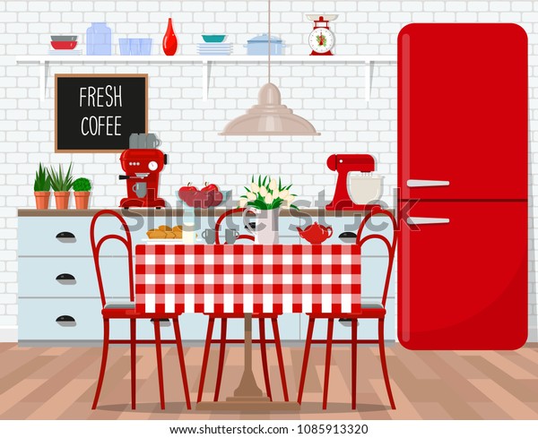 Interior Design Kitchen Dining Room Retro Stock Vektorgrafik