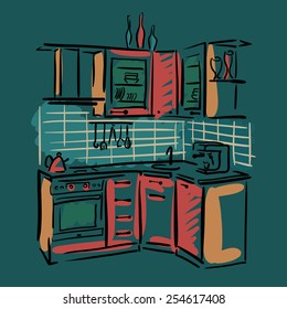 Interior design of the kitchen. Hand drawn sketch.