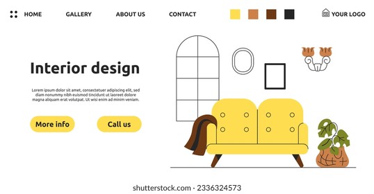 Interior design landing page concept. Furniture and flowers in pot. Comfort and coziness in apartment and room. Decor and interior. Poster or banner for website. Linear flat vector illustration