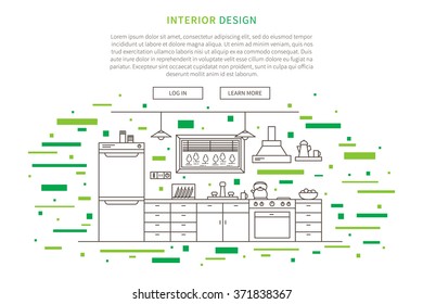 Interior design landing page linear vector illustration. Line graphic design of kitchen furniture. Creative concept of flat interior design website page (banner).
