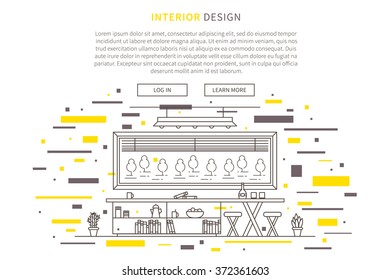 Interior design landing page linear vector illustration. Line graphic design of living room. Creative concept of flat interior design website page (banner).
