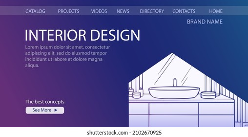 Interior design landing page. Sketch of bathroom furniture and plumbing. Hand drawn vector illustration of sink and faucet.