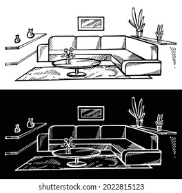 Innenausstattungsseite. Vektorgrafik des Wohnzimmers. Handgezeichnetes Bild. Illustration von Möbelinnenraum, Skizze-Wohnwohnung
