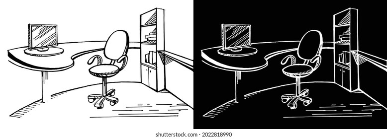 Página de inicio del diseño interior. Esbozo vectorial de la sala de oficinas. Imagen dibujada a mano. Ilustración de la sala interior del mobiliario, bosquejo del apartamento vivo