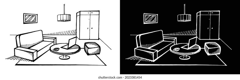 Interior design landing page. Vector sketch of home room. Hand drawn image. Illustration of furniture interior room, sketch living apartment