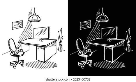Página de inicio del diseño interior. Esbozo vectorial de la sala de oficinas. Imagen dibujada a mano. Ilustración de la sala interior del mobiliario, bosquejo del apartamento vivo