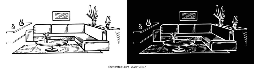 Interior design landing page. Vector sketch of office room. Hand drawn image. Illustration of furniture interior room, sketch living apartment